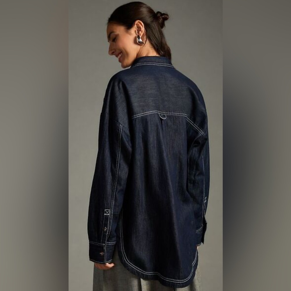 Anthropologie Dark Navy Button-Down Shirt with Contrast White Stitching - Picture 4 of 10
